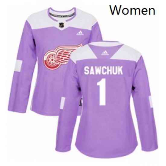 Womens Adidas Detroit Red Wings 1 Terry Sawchuk Authentic Purple Fights Cancer Practice NHL Jersey